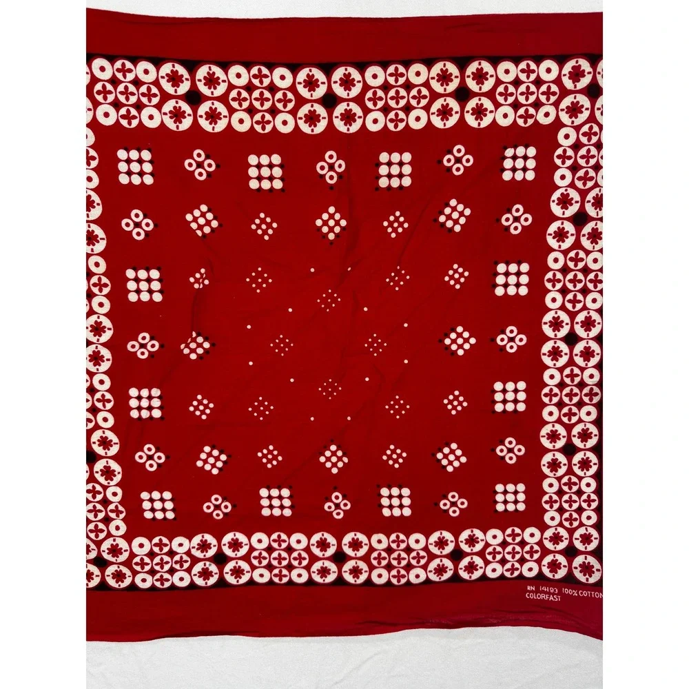 Colorfast Red Cotton Bandana Geometric Floral Dot RN 14193 Vintage 60s 70s 20x21